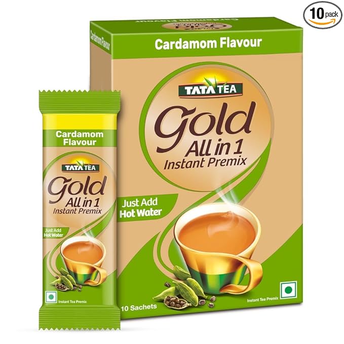 Tata Tea Gold All-in-1 Instant Premix Cardamom Tea, 14g Per Serve, Quick & Easy To Make Cardamom Tea, 10 Sachets