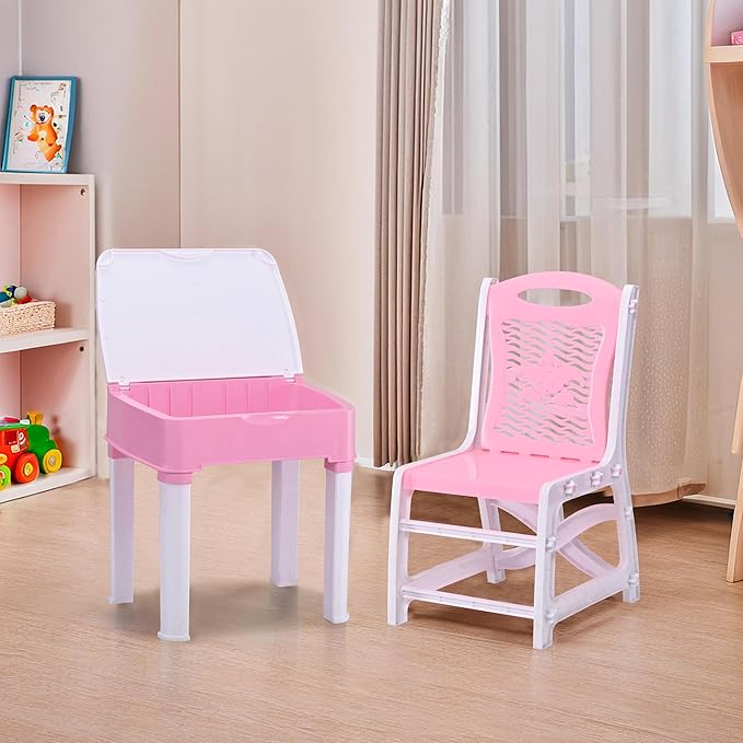 Kuber Industries Collapsible Junior Study Table & Chair Set with Storage for Stationary | Multipurpose Dining Table for Eating & Homework/Reading Desk | Pink & White