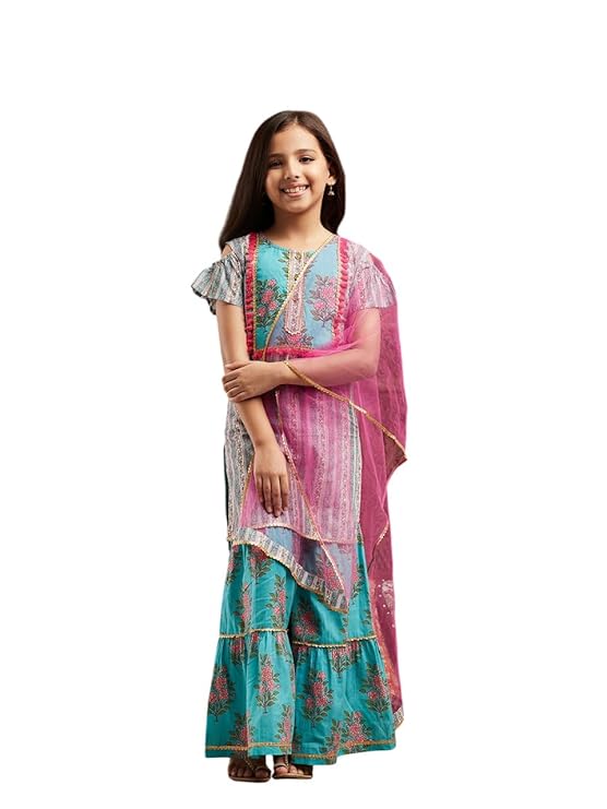 Pspeaches Girls Floral Printed Regular Kurta with Sharara & With Dupatta