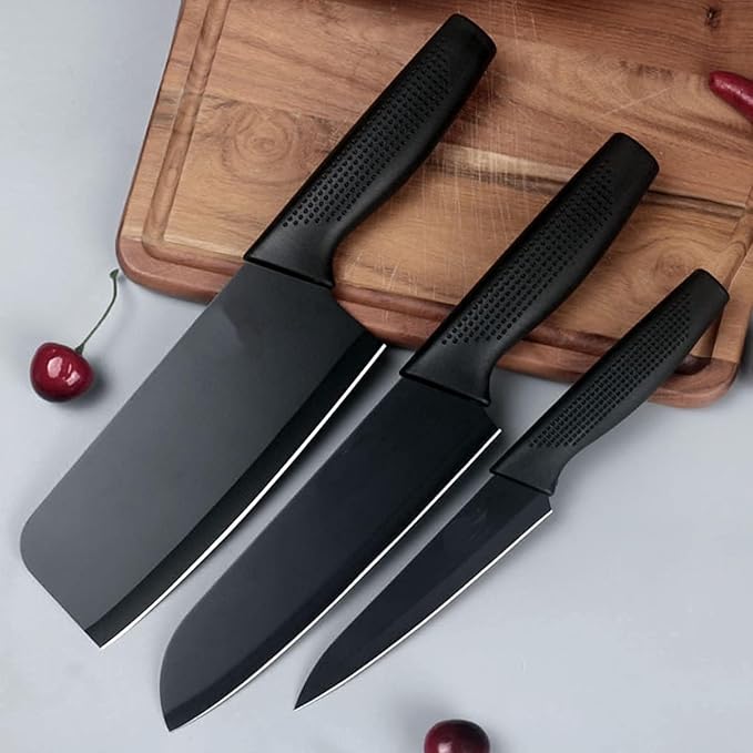 PANCA Knife Set of 3 with Cover, Stainless Steel Knives for Kitchen| Sharp Edge Cutting Chef Knifes for Chopping Vegetables, Fruits, Multipurpose Knife, Kitchen Tools(Set of 3, Black)