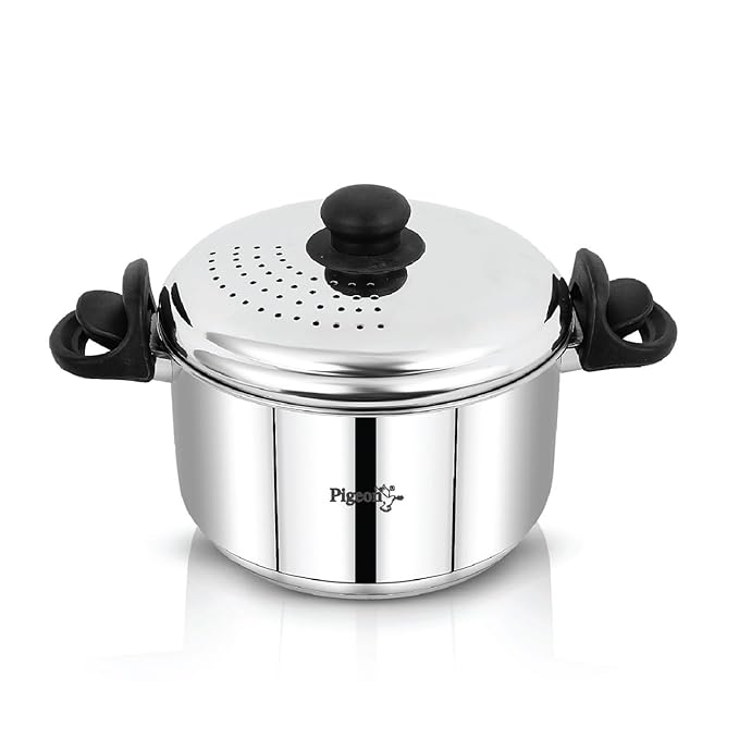 Pigeon Stainless Steel Strainer Mate with Steamer SS Lid(3.7 Liter) - Cooking Strainer Pot for Pasta, Noodles, Vegetables, and Rice|Anti-Locking Design|Induction Base |Capsulated BottomISI Certified.