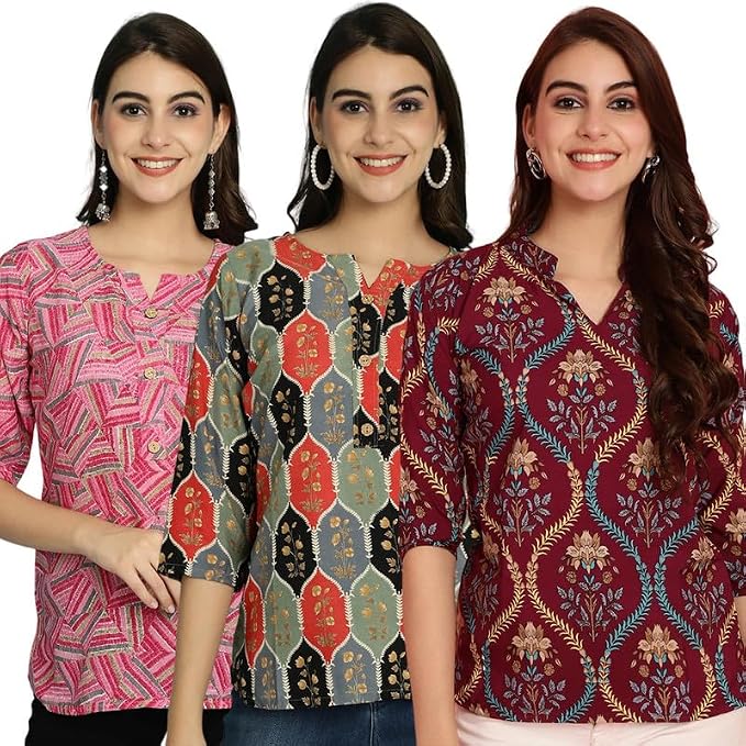 Pinkmint Tunic Top for Women ll Stylish Printed V Neck Button Down Combo Top's ll Stylish Short Top ll (Pack of 3)