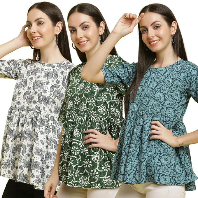 Pinkimint Crape Combo Top for Women ll Stylish Casual Flared Fancy Sleeve Printed Regular Fit Top (Pack of 3)
