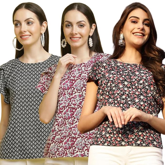 Pinkmint Women's Printed Combo Tops ll Regular Fit Ruffle Trim Petal Sleeve ll Fancy Girls Top (Pack of 3)