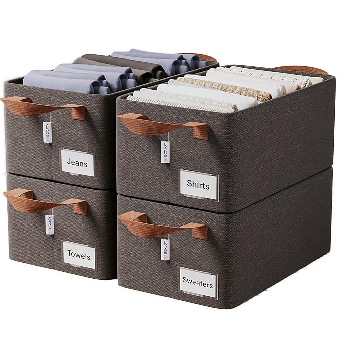4 Pcs Wardrobe Cloth Organizer for Storage Box with Label Card & Holder | Foldable Clothes Organiser with Steel Frame & Handle | Smart Jeans Kapde Closet Basket for Cupboard in Almirah Shelf