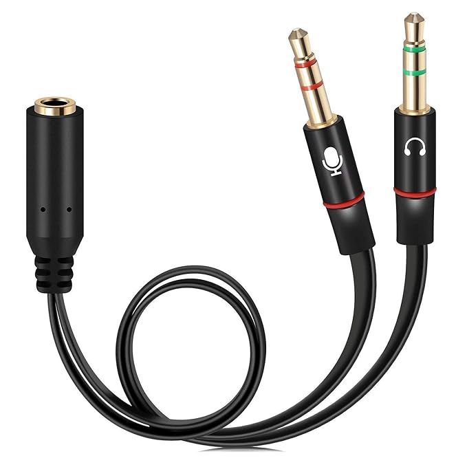 RODMED Gold Plated 3.5 mm Headphone Splitter for Computer 2 Male to 1 Female 3.5mm Headphone Mic Audio Y Splitter Cable Smartphone Headset to PC Adapter -  Black (Pack of 1)