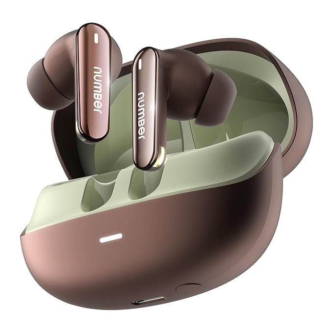 Number Navo Bluetooth Buds N1 w/ 100Hrs Playtime, 4Mic ENC, Dual Pairing, High Bass,True Wireless Earbuds Fast Charge(Choco Brown)
