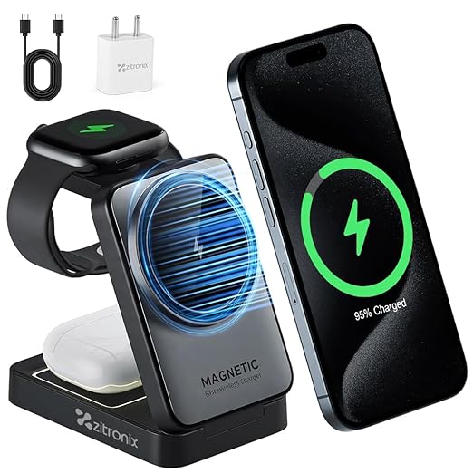 [Apply Coupon] - zitronix® 3 in 1 Wireless Charger for iPhone, iWatch & Airpods 15W Apple Wireless Charger with Folding Design Pocket Size Magnetic Wireless MagSafe Charger Stand Charging Station with Cable & Adapter