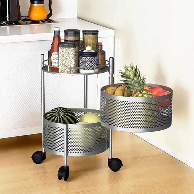 Storage Rack | 360° Revolving Vegetable Kitchen Rack | Round Multipurpose Storage Trolley with Wheels | Metal Fruit Storage Rack | Kitchen Cabinet Spice Rack (Silver, 2 Layer)