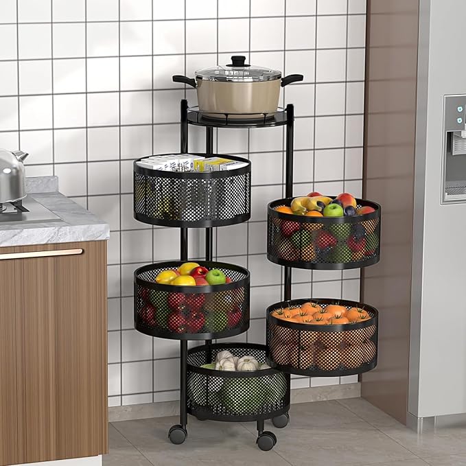 Storage Rack | 360° Revolving Vegetable Kitchen Rack | Round Multipurpose Storage Trolley with Wheels | Metal Fruit Storage Rack | Kitchen Cabinet Spice Rack (Black, 5 Layer)