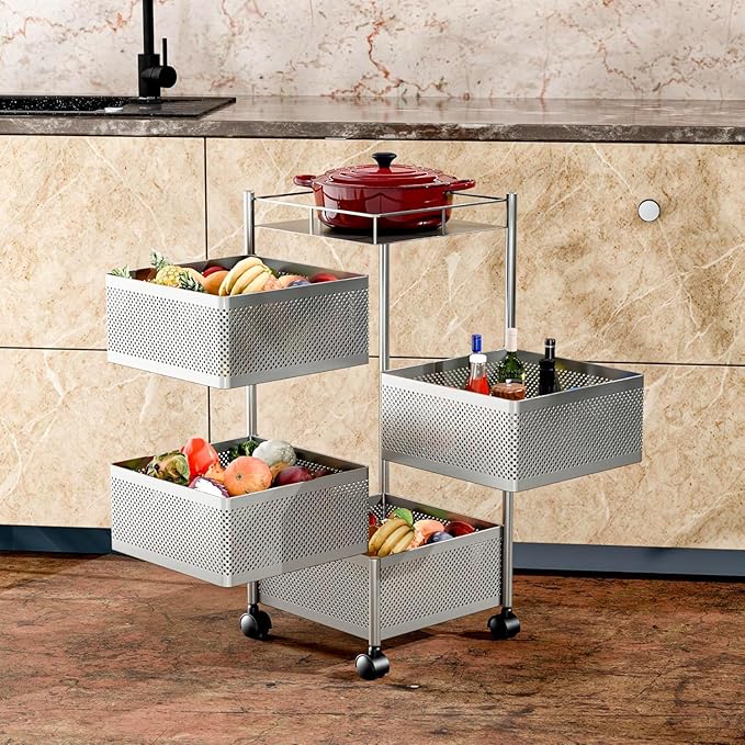 Storage Rack | 360° Revolving Vegetable Kitchen Rack | Square Multipurpose Storage Trolley with Wheels | Metal Fruit Storage Rack | Kitchen Cabinet Spice Rack (Silver, 4 Layer)