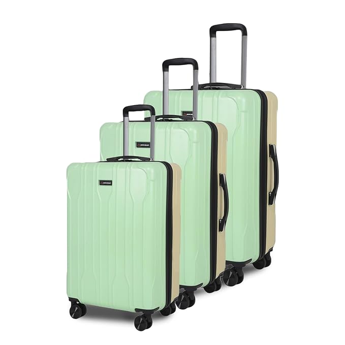 MOVE-MEANT Fusion Small Cabin,Medium & Large Check-in Suitcase | 55 Cm,66 Cm & 75 Cm| 360 Degree 8 Wheels Number Lock Polycarbonate Yellow|Green Trolley Bag | Luggage for Travel - Pack of 3