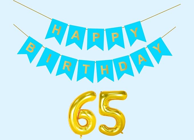 [Size: Banner With 65 Number] - Mystic Toy Store 65th Sky Blue Happy Birthday Decoration Kit for 65 year Old Men Women with Number Sixty-five Party Decorations Decor Celebration Items Item Set Combo Reusable Paper Banner