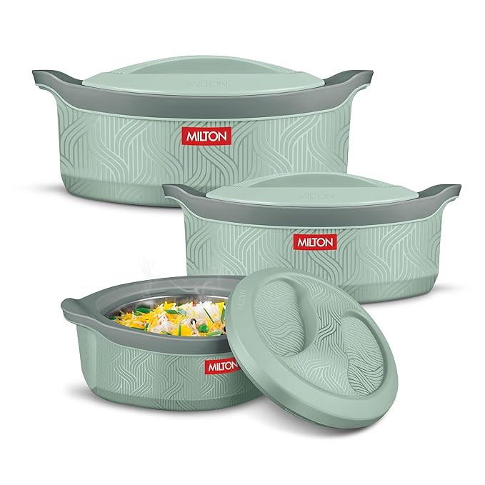 Milton Evoke Jr. Gift Set PU Insulated Inner Stainless Steel Casserole,Set of 3(450 ml,850 ml, 1240 ml),Light Green,BPA Free,Food Grade,Hot and Cold,Easy to Carry,Easy to Store,Chapati,Roti,Curd Maker