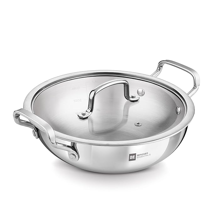 BERGNER BE Essentials Triply Stainless Steel 18cm / 1.4 L Kadai with Flat Glass Lid, Small Size Kadhai, Consumes Less Oil, Healthy Cooking, Mirror Shiny Finish, Easy to Clean - Full Induction Bottom
