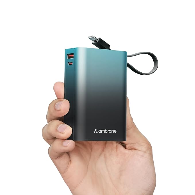 Ambrane 20000mAh Small Pocket Size Powerbank, Hanging InBuilt Type C Cable, 22.5W Fast Charging, Type C PD & USB Output for iPhone, Android Mobiles & Other Devices (MiniCharge 20, Black-Blue)