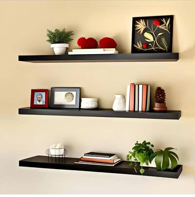 Wooden Floating Wall Shelf|Display Simple Line Shape Wall Shelf, Engineered Wood Wall Rack Shelf for Living Room Decoration, Showcase and for Storage (Matte Finish,Dark Wenge Brown) Set of 3