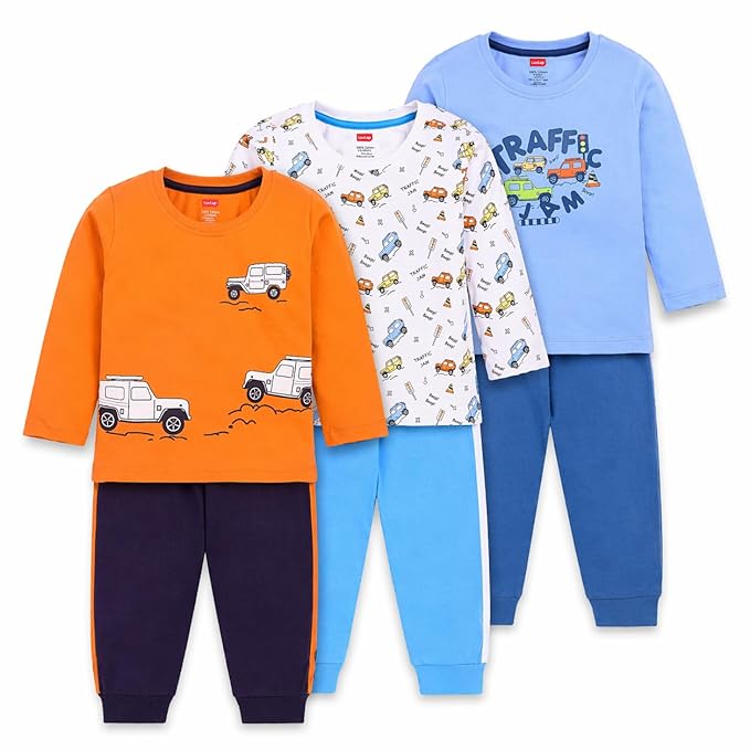LuvLap Baby Boys Regular Fit 100% Cotton Full Sleeve Boys T-Shirt & Pyjama Sets Pack of 3
