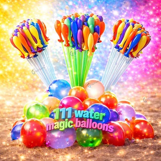 GRAPHENE Set of 3 Bunch 111 Holi Magic Water Balloons With Tap Adapter Automatic Latex Non Toxic Vibrant Color Quick Fill Easy Tie Water Balloon Summer Fight Holi Celebration for Unisex Kids Boy Girl