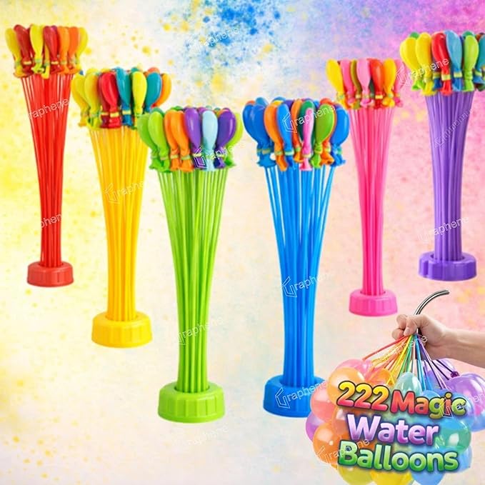 GRAPHENE Holi Magic Water Balloons Set of 6 Bunch (222 Balloons) Multicolor Latex Eco Friendly Non Toxic Auto Tie Quick Fill No Mess Easy Use for Kids Boys Girls Party Summer Fun