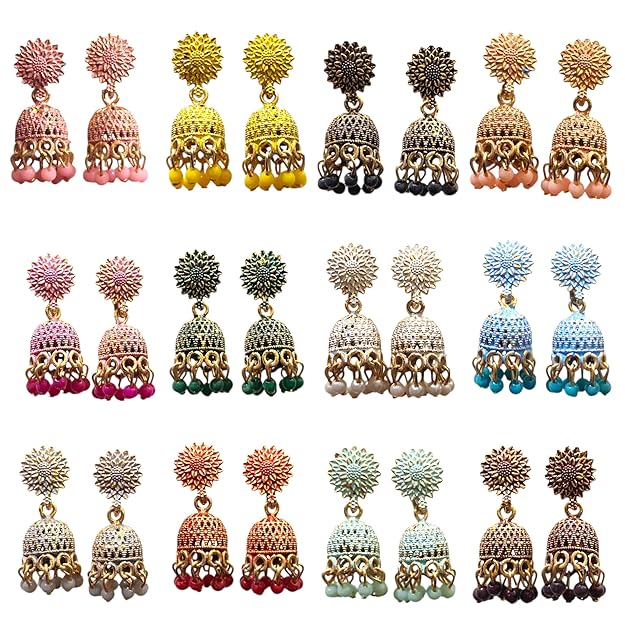 Womens Traditional Jhumka Earrings Set, Floral Design, Multi-Colour Beaded Drop, 12 Pairs