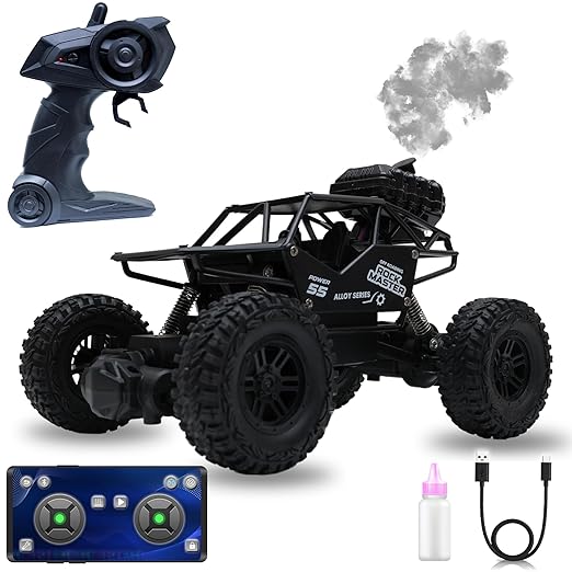 Wonder Rock Master Remote Control Car with Smoke | Monster Truck Rock Crawler for Kids | 2.4 GHz Remote + Android App Control | Long Range | 150+ Feet Range | C-Type Charging | Made in India (Black)