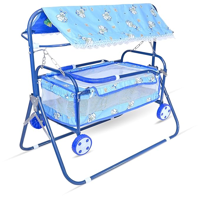 AVANI METROBUZZ Baby Cradle with Wheels, Foldable Design with Canopy for for 0-6 Months Baby Boys and Girls (Blue)