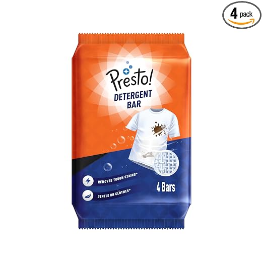 Amazon Brand - Presto! Detergent Bar | 250g | 4 Count | 4 Bars Each X Pack of 1 | Tough On Stains | Gentle On Fabrics | Colour-Safe | Refreshing Fragrance | Gentle on Hands