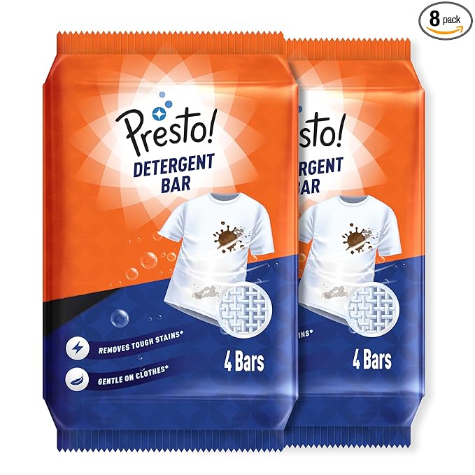 Amazon Brand - Presto! Detergent Bar | 250g | 8 Count | 4 Bars Each X Pack of 2 | Tough On Stains | Gentle On Fabrics | Colour-Safe | Refreshing Fragrance | Gentle on Hands