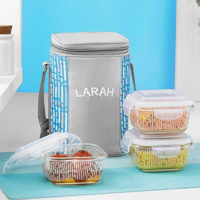 Larah Glassware Vogue Borosilicate Glass Lunchbox with Bag | 3pc Square Container Set (320 ml Each) | Microwave & Dishwasher Safe, Leakproof | Tiffin for Office, School, College | Blue