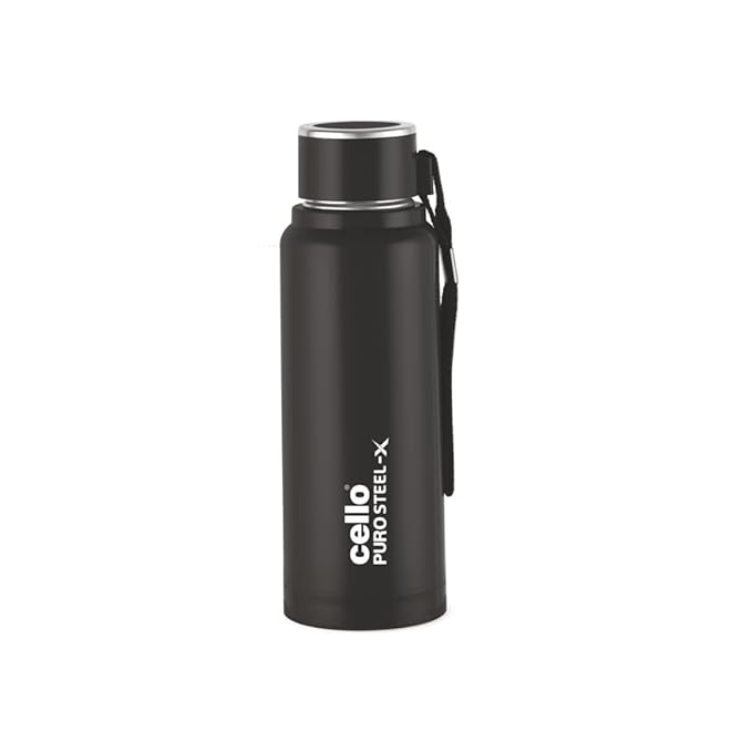 Cello Puro Steel-X Benz PU Insulated Water Bottle 410ml, Black | BPA Free, Leakproof, ISI Certified | Hot & Cold Bottle for Gym, Office, College, Travel, Outdoor Sports & Yoga with Carry Loop