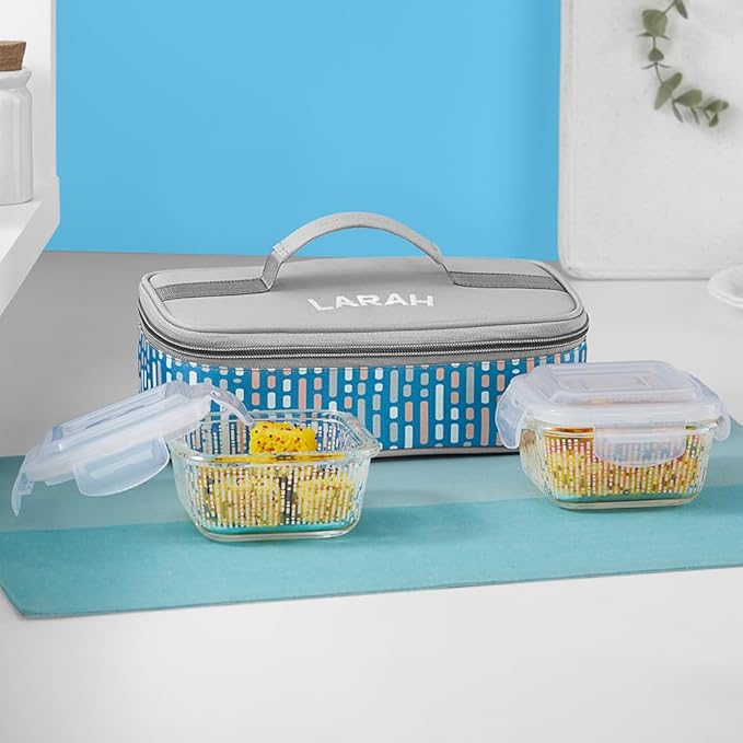 Vogue Borosilicate Glass Lunchbox with Bag | 2pc Square Container (320ml Each), Horizontal | Microwave & Dishwasher Safe, Leakproof | Tiffin for Office, School, College | Blue