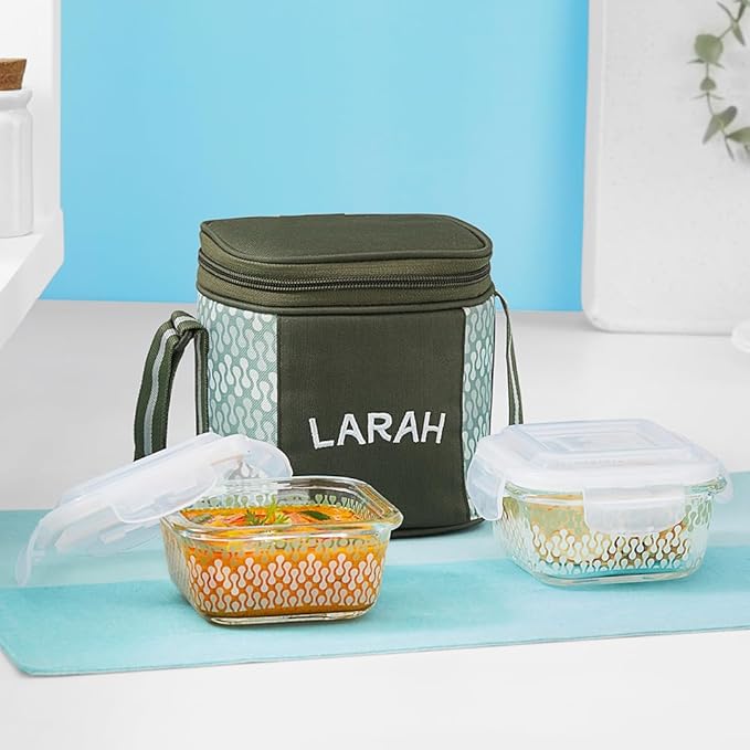 Gracia Borosilicate Glass Lunchbox with Bag | Set of 2pc Container (320 ml Each), Vertical | Microwave & Dishwasher Safe, Leakproof | Tiffin for Office, School, College | Green