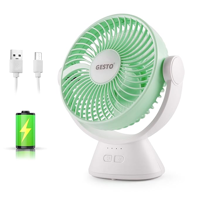Gesto 6 Inch Rechargeable Table Fan with LED Light  -  High-Speed Noiseless Portable Fan With 3 Speed Modes | 2400mAh Battery Up to 8 Hours Runtime USB Charging Fan for Home, Office, Kitchen (Green)
