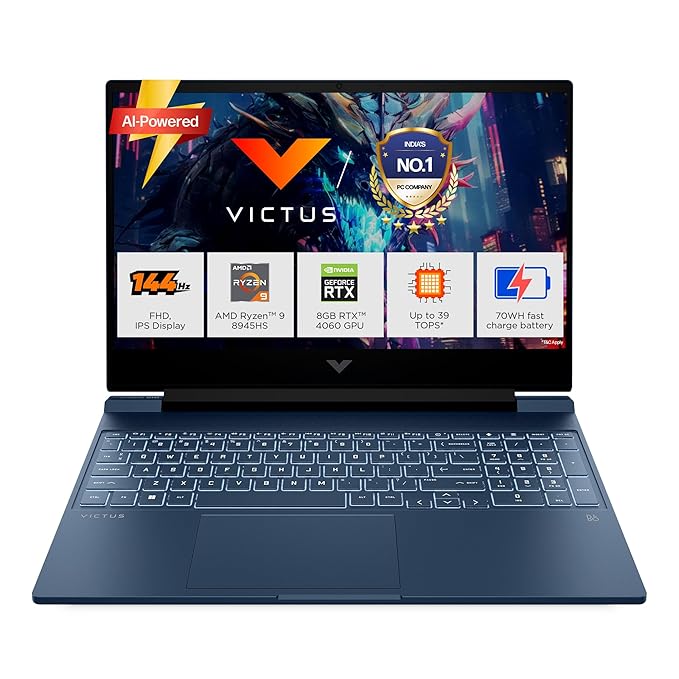 HP Victus, AMD Ryzen 9-8945HS, 8GB RTX 4060, Upgrade (Upto 32GB) 16GB RAM, 1TB SSD, 144Hz, 300nits, IPS, 15.6"/39.6cm, FHD, Win11, M365* Office 24, Blue, 2.29Kg, Backlit, fb3025AX, AI Gaming Laptop