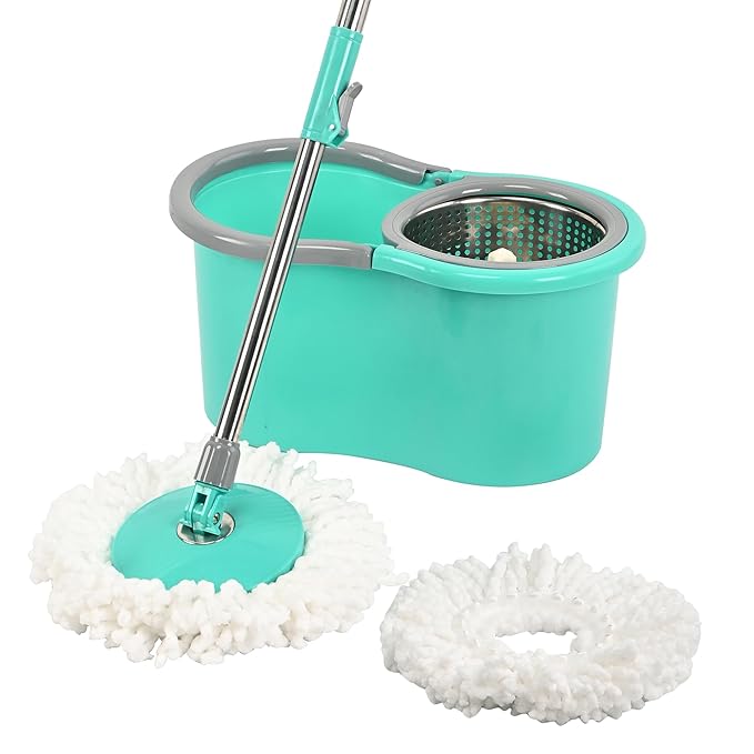 Urbane Home Plastic Spin Mop with Stainless Steel Wringer | Big Bucket Moppers for Cleaning Floor, 2 Refills | 360° Floor Cleaner Mopping Set for Home & Office | Pocha Stick - (Mint Green)