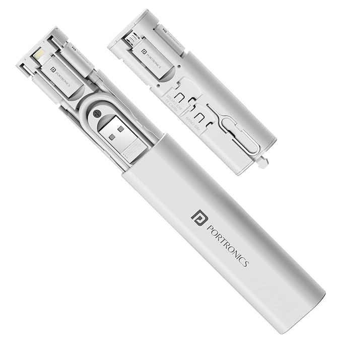 Portronics Snapcase 3 60W Multifunctional Fast Charging Data Cable Kit, Conversion Set USB A & Type C to Male Micro/Type C/Lightning, Data Transfer, Sim Storage, Sim Eject Pin, Pocket Size(White)