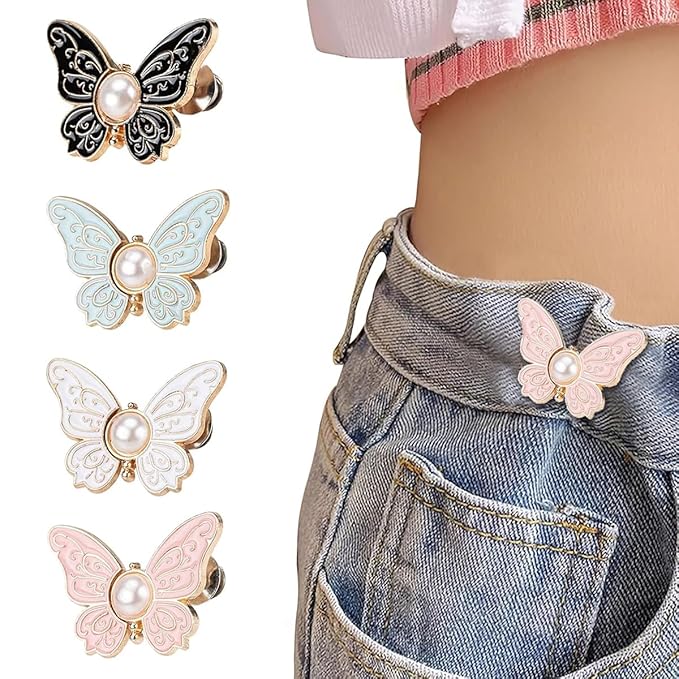 4 Pairs Jeans Tightening Clips, SANNIDHI® Butterfly Jean Adjustable Pins, Waist Tightener Jeans Adjustable Buttons, Instant Adjustable Waist Clips Decorative Waist Buckles for Jeans, Skirt