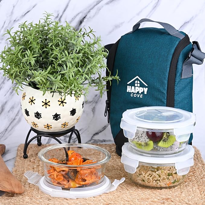 Happy Cove High Borosilicate Glass Lunch Box for Office Use | 420ml Tiffin Box With Bag | Glass Tiffin | Set of 3 | Microwave Safe | Dishwasher Safe | Leakproof | Turquoise Green