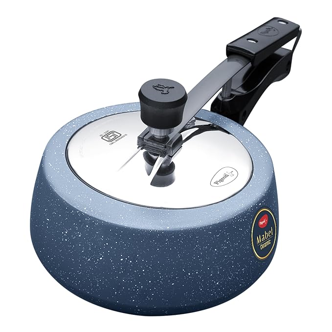 Pigeon by Stovekraft 2 Litre Ceramic Nonstick Pressure Cooker, Induction bas, Inner Lid Cooker, Grey & White