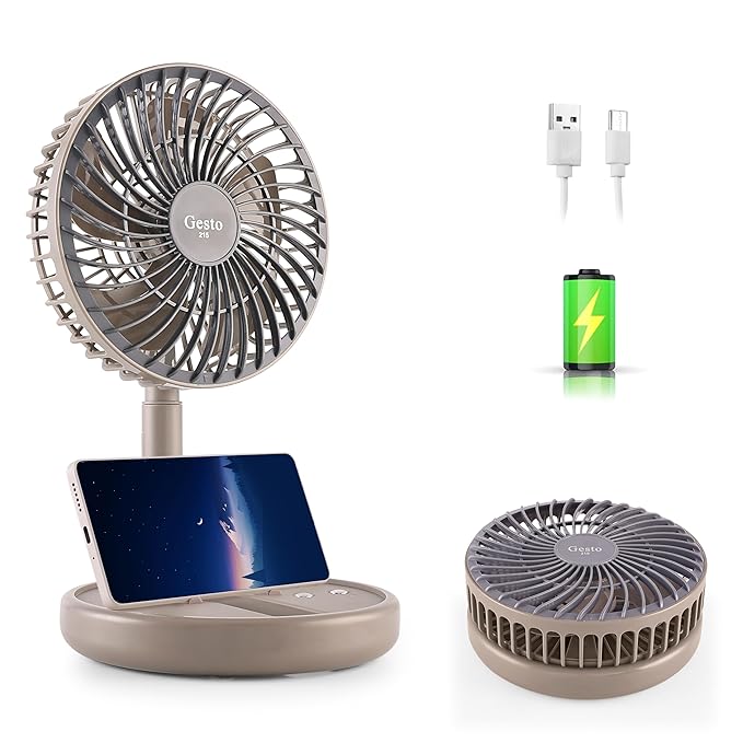 Gesto High Speed Rechargeable Table Fan for Home -  Foldable USB Charging Battery Fan With Led Light | 2400mAh Battery for Upto 8 Hours Runtime| 3 Speed Modes Portable fan for Home, Office,Kitchen-Grey