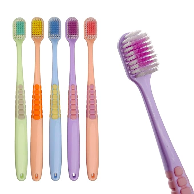Spanker Pack of 5 Wide Head Adult Toothbrush with Double Inplanted Soft Feather Like Bristles Non Frizzing Toothbrush for Intensive Care Protect Fragile Gums for Good Cleaning Effect