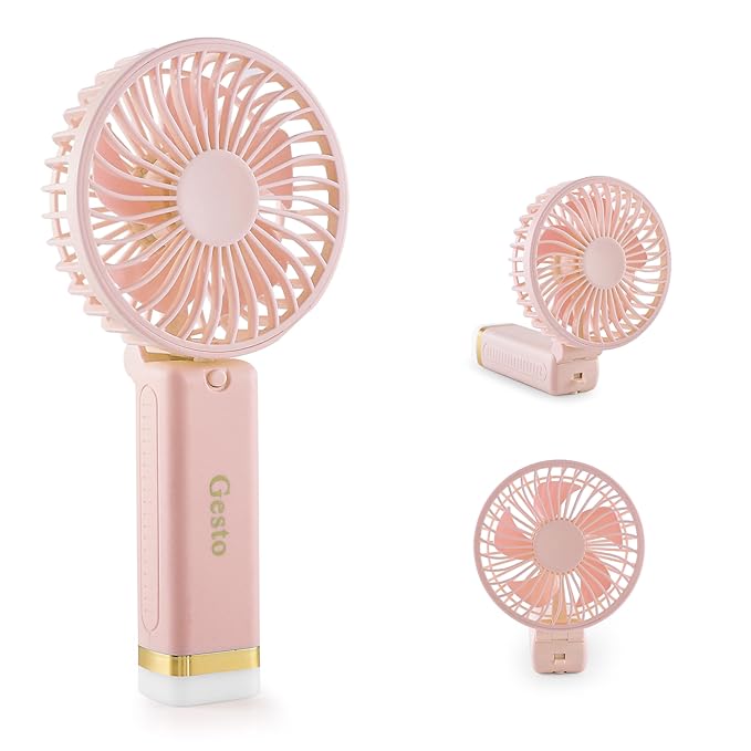 Gesto Portable Fan Rechargeable with LED Light  -  Foldable Mini Fan, Small Fan,USB Charging Hand Fan with 1200mAh Battery & 3 Speed Modes | Travel, Makeup, Kitchen,Women's Personal Pankhaa - Pink