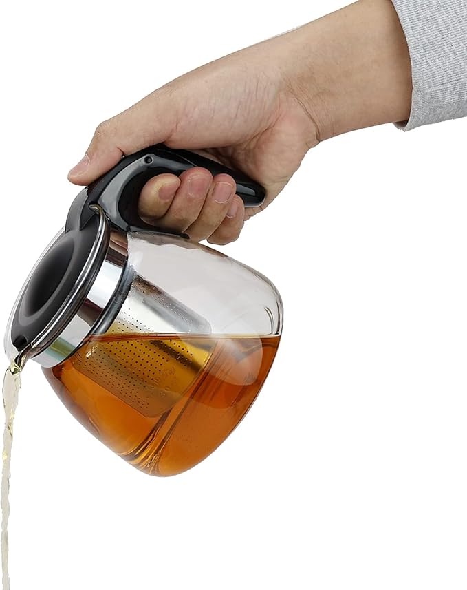 KELVEE Borosilicate Round Glass Kettle with Plastic Handle Lid 1 Liter Gas Stovetop Safe Tea Pot with Heat Resistant Stainless Steel Infuser Perfect for Loose Leaf Tea (Black - 1 Liter)