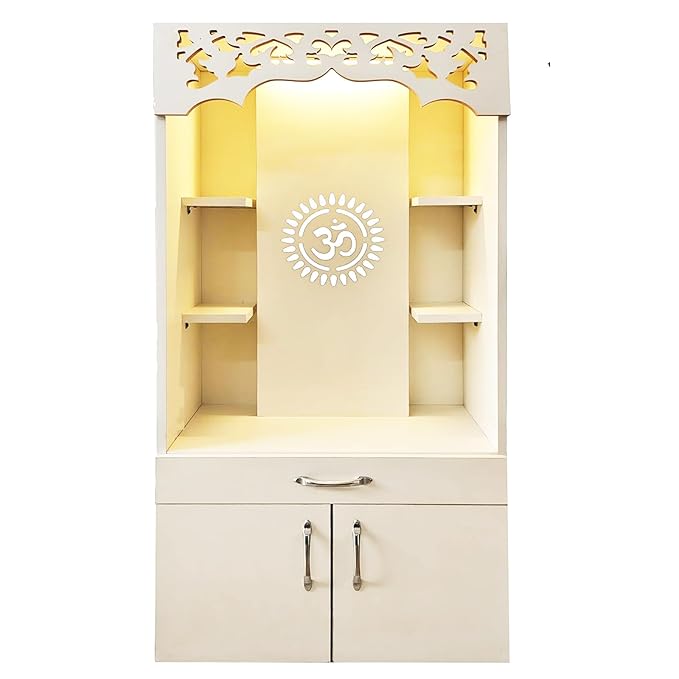 Alpine Willow Wooden Temple for Home Corian Design Big for Pooja Mandir Unit (Frosty White Without Door, 2 X 4 FT)