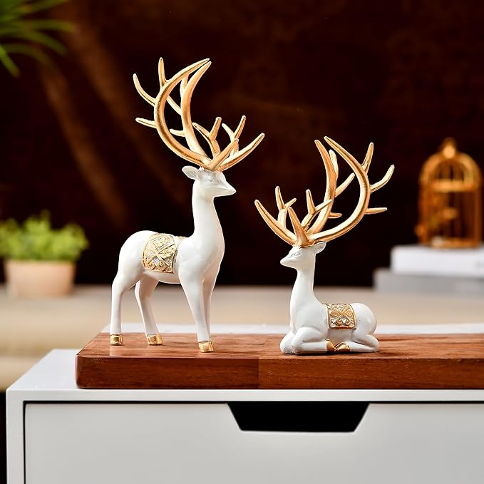 Amazon Basics Charming Polyresin Reindeer Décor | A Timeless Token of Grace & Good Luck | Elevate Your Festive & Everyday Spaces  -  Pack of 2, White & Golden