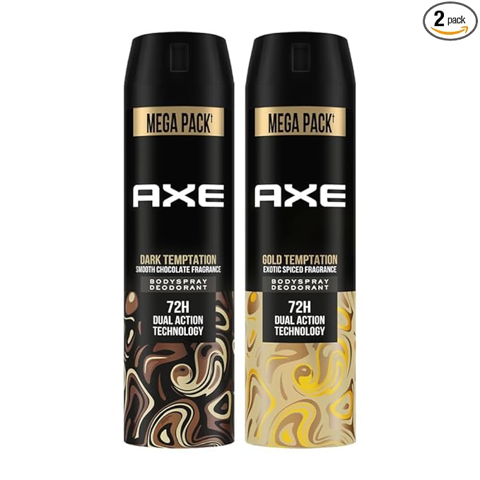 Axe Dark Temptation Men's Deodorant + Axe Gold Temptation Long Lasting Deodorant Bodyspray For Men, With An Irresistible Scent 215ml, Pack of 2