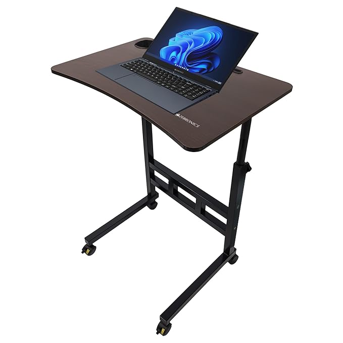 ZEBRONICS DOW Y1, Laptop Table, 360° Rotating Wheels with Lock Mechanism, Easy Setup, Adjustable Height, Sturdy Metal, Cup Holder, Holder [Tablet, Pen, Mobile], Suitable for Laptop, Reading, Drawing