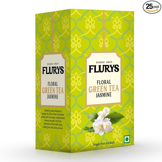 Flurys Green Tea Jasmine | Green Tea with Aromatic and Delicate Jasmine Notes | Calming & Antioxidant-Rich Wellness | 25 Tea Bags