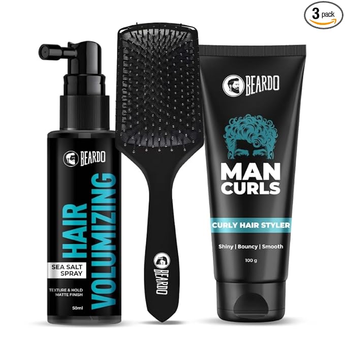 Beardo Classic Curls Combo (Set of 3) | Man Curls Curl Cream, Hair Volumizing Sea Salt Spray, Detangling Hair Brush | Flaxseed Gel for Hair, Leave in Cream, Hair Spray